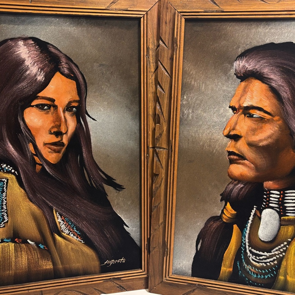 Vtg 70’s Indian Warrier & Squaw oil on Black Velvet South Western Decor Cabin